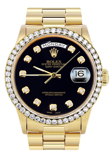 rolex day date gold black face|rolex day date diamond price.